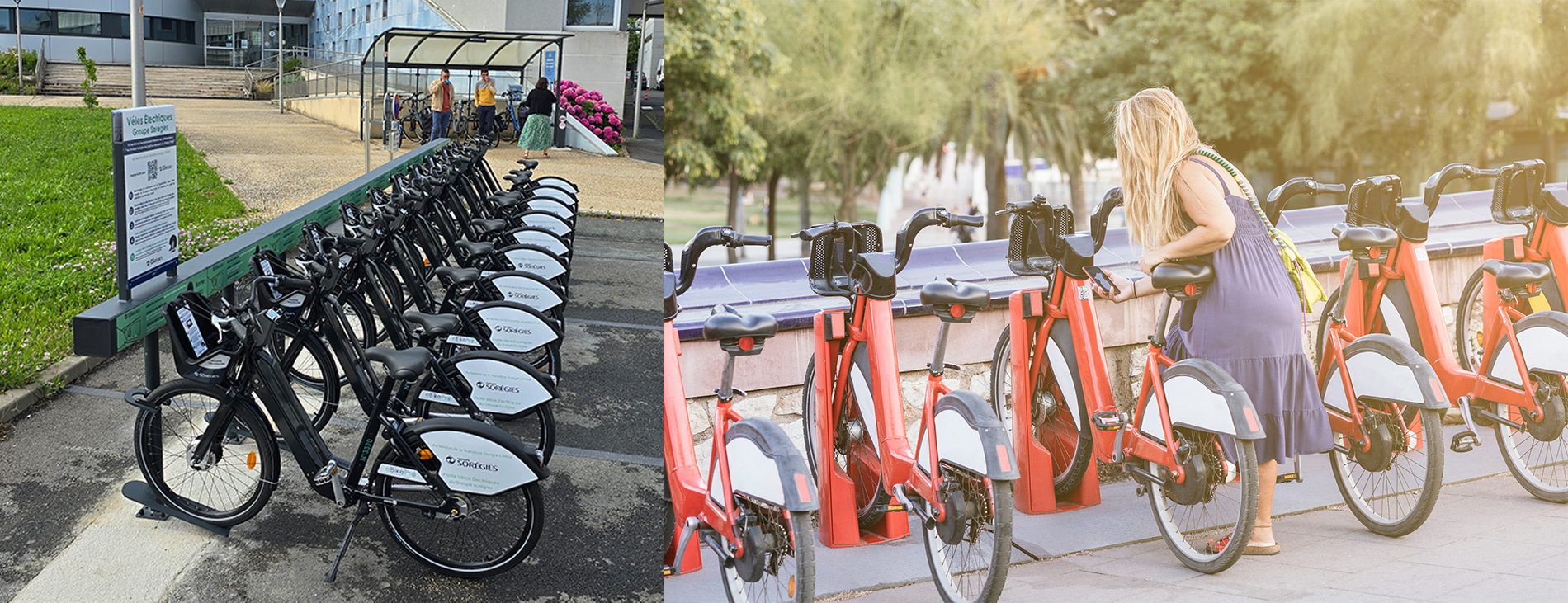 general shot of unrecognizable young adult blonde curvy woman using her mobile phone to rent a bike at an urban bike rental station with several bikes in the city.