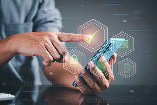 Internet cybersecurity concept, online cyber security, young man pointing to icon. Indicates the correct login through a high security network.