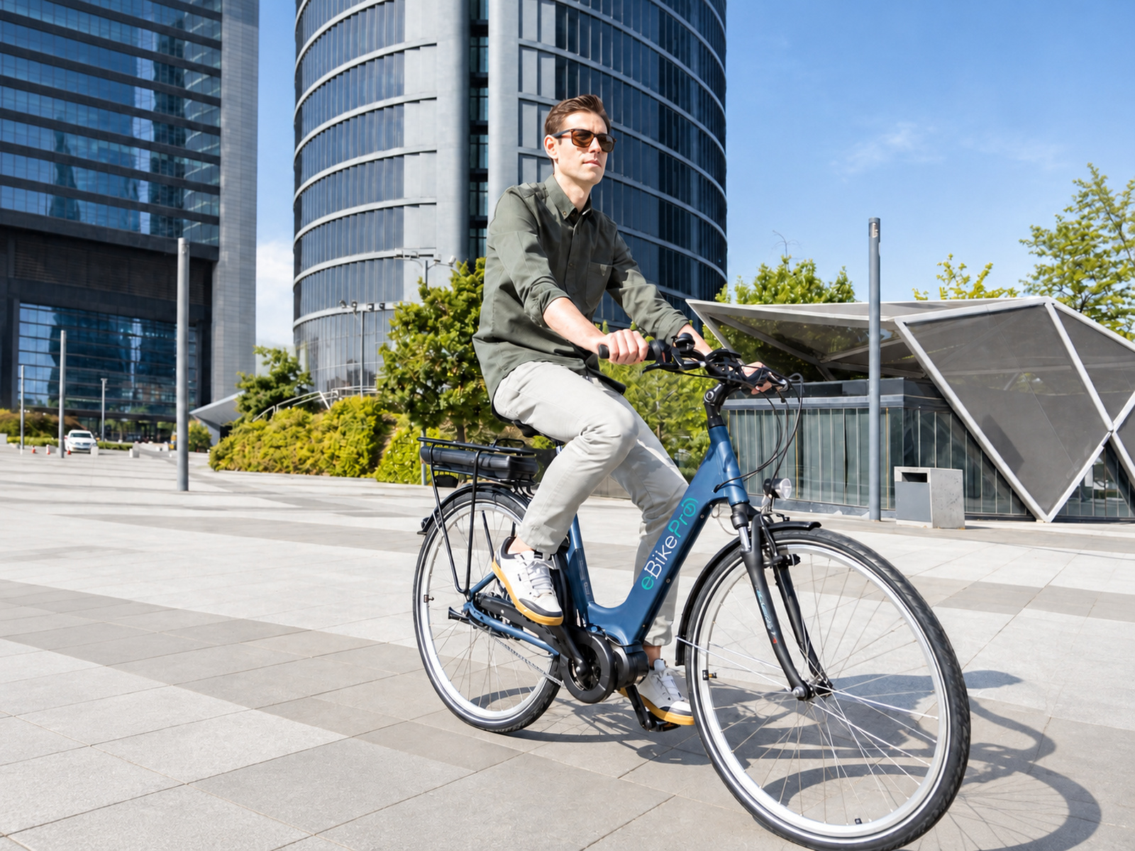 Cycliste utilisant un vélo électrique partagé pour ses déplacements professionnels